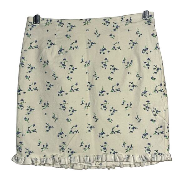 Urban Outfitters Floral Ruffle Hem Mini Skirt Cream Size Small Cotton Stretch - Picture 6 of 6